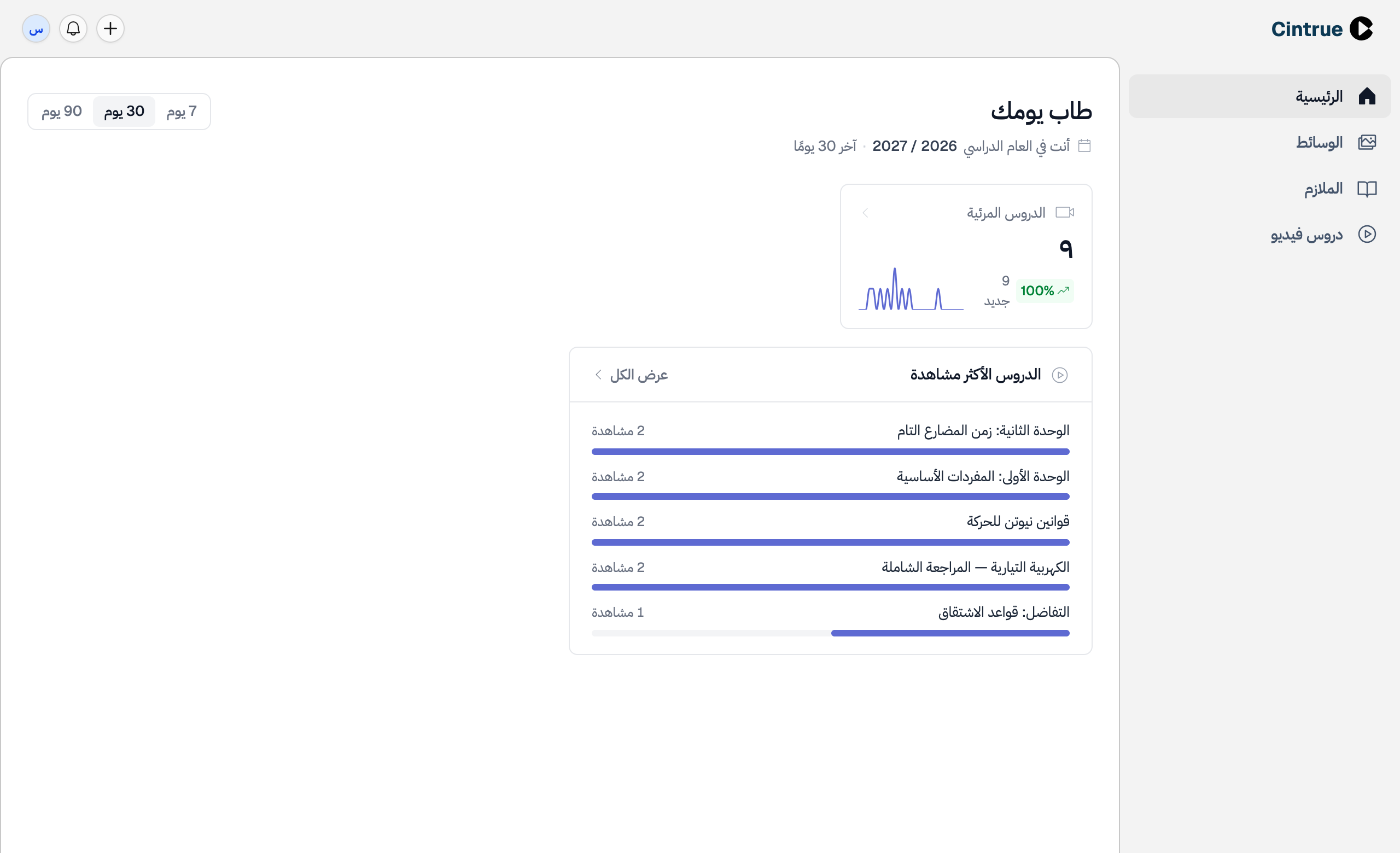 لوحة تحكّم Cintrue كما يراها حامل دور مسؤول المحتوى: القائمة الجانبية فيها الوسائط والملازم ودروس الفيديو فقط